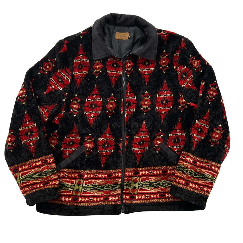 VTG 90s Tsunami Sherpa Fleece Jacket Women L Black Red Southwestern Aztec Zip